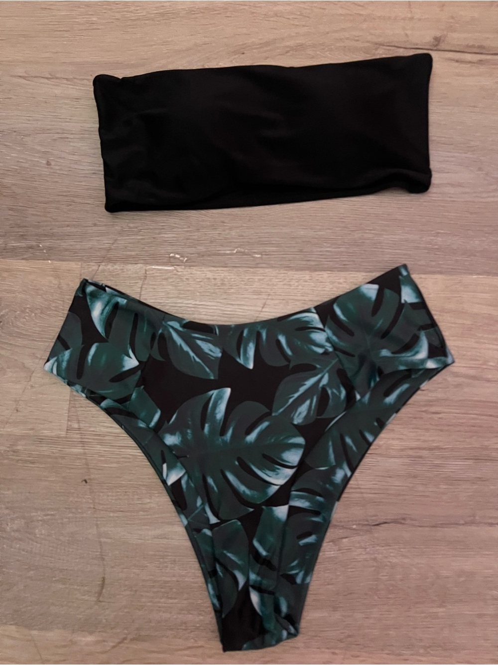 High-Waist Bandeau Bikini Set in Black and Teal Leaf Print